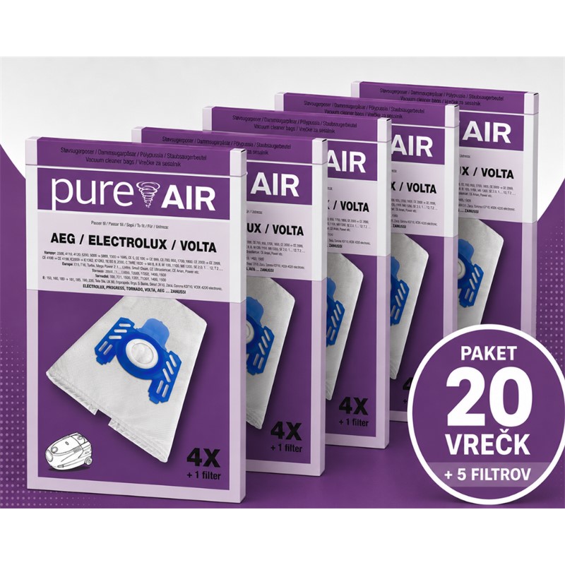 Vrečke za sesalnike Pure Air AEG/ELECTROLUX/VOLTA - 20 vrečk   5 filtrov
