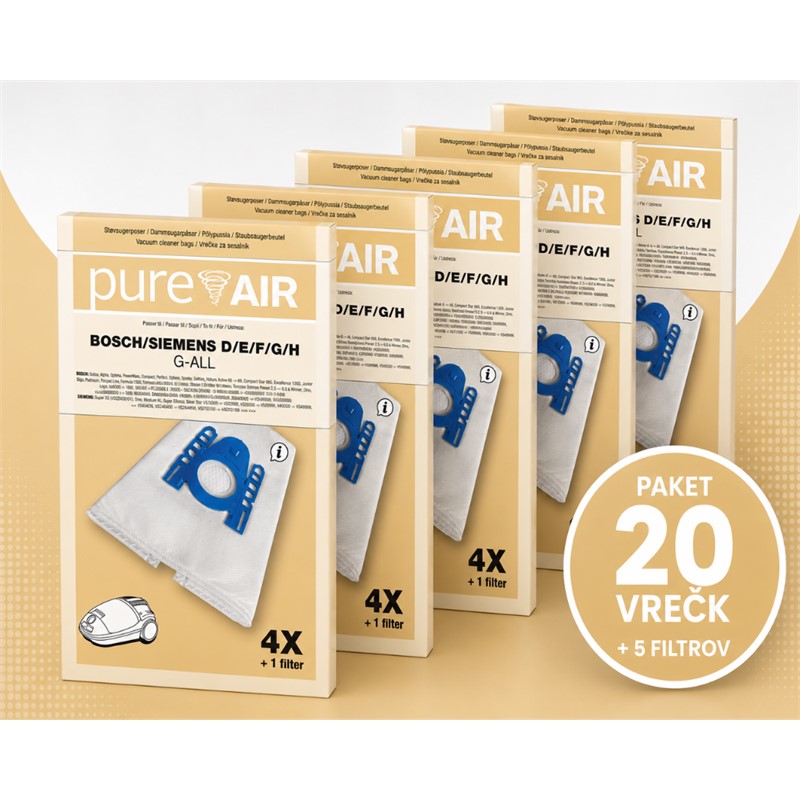 Vrečke za sesalnike Pure Air BOSCH/SIEMENS D/E/F/G/H G-ALL - Paket 20 vrečk   5 filtrov