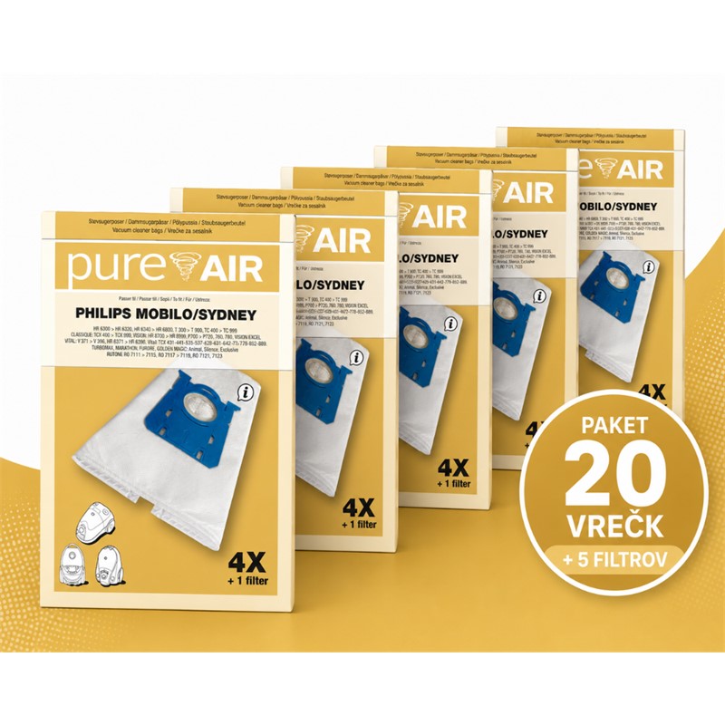 Vrečke za sesalnike Pure Air PHILIPS MOBILO/SYDNEY - Paket 20 vrečk + 5 filtrov