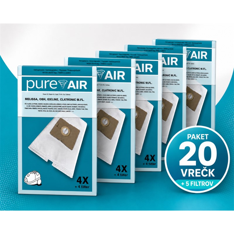Vrečke za sesalnike Pure Air MELISSA, OBH, IDELINE, CLATRONIC - Paket 20 vrečk + 5 filtrov